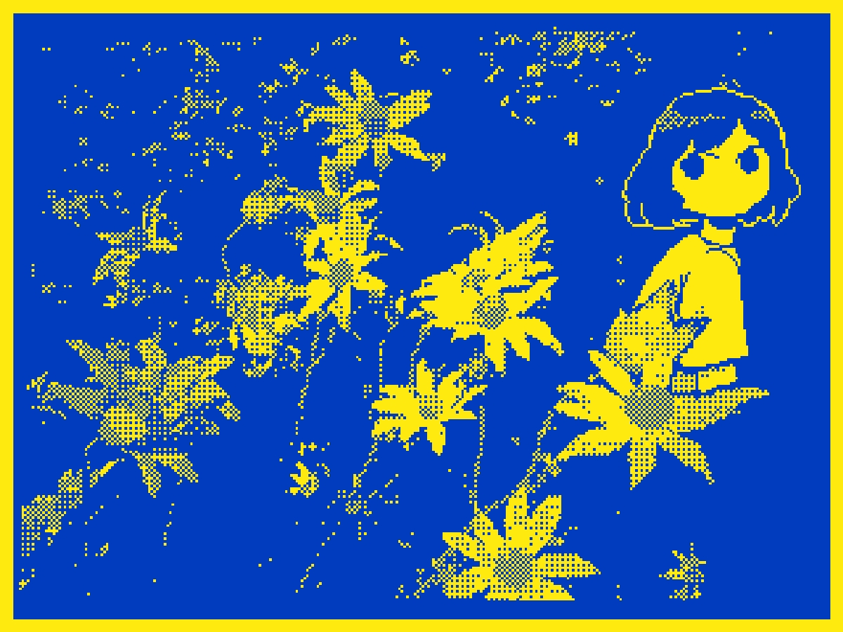 Flipnote Studio 3D drawing of a girl in a cluster of flannel flowers.