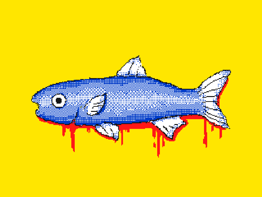A Flipnote Studio 3D drawing of a fish bleeding against a bright yellow background.