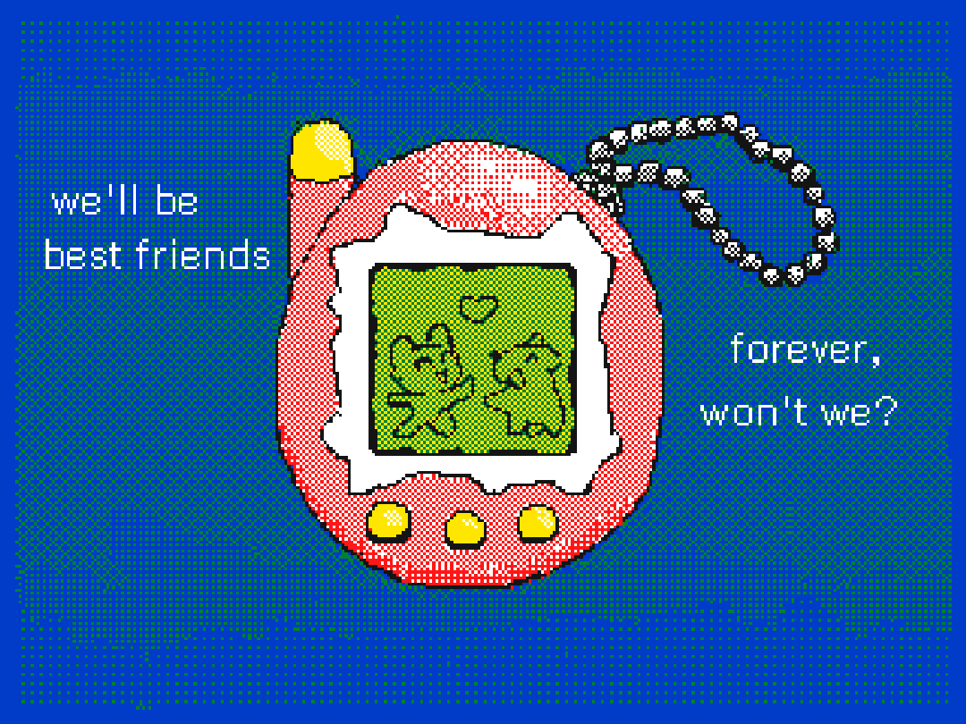 Flipnote Studio 3D drawing of a Tamagotchi with two characters inside, one cat and one dog, smiling happily at each other. Text reads 'We'll be best friends forever, won't we?'