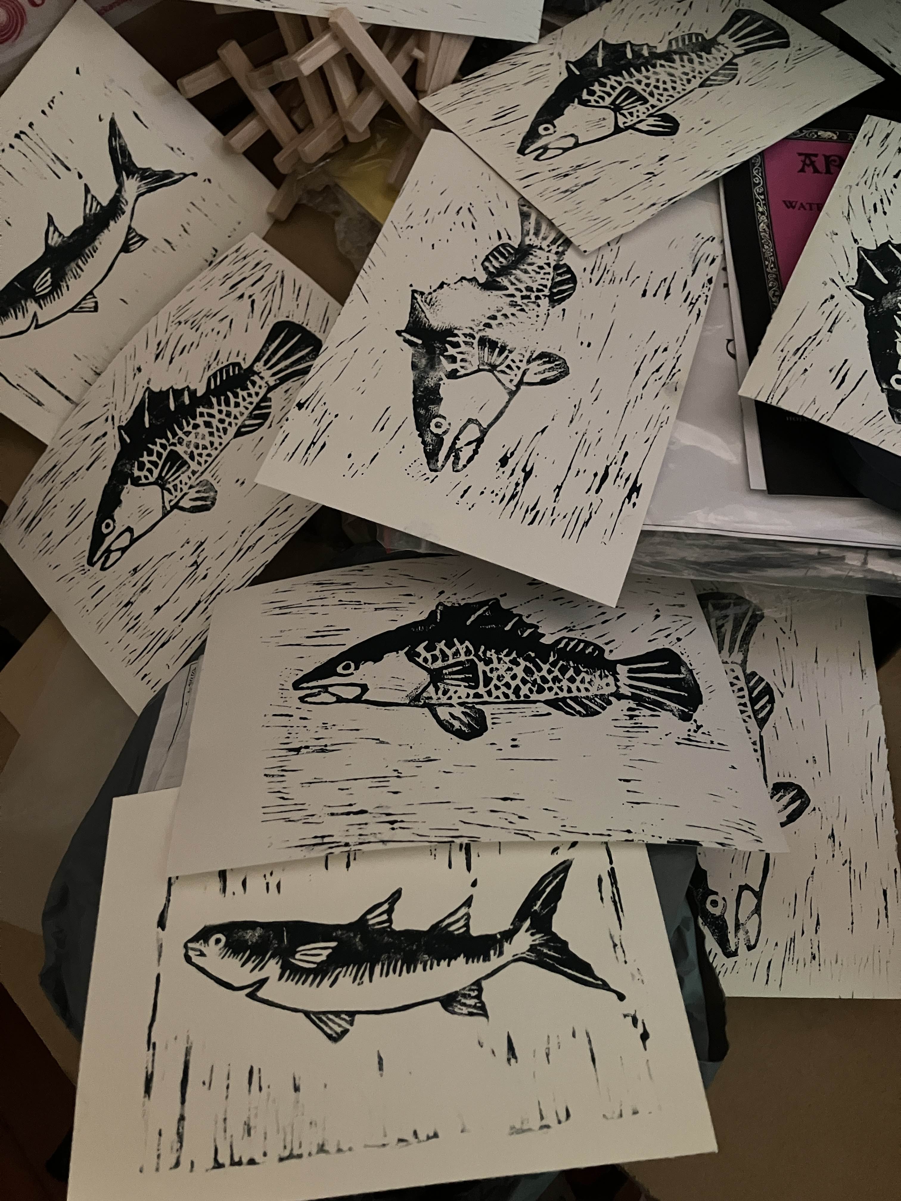 Fish linocut prints
