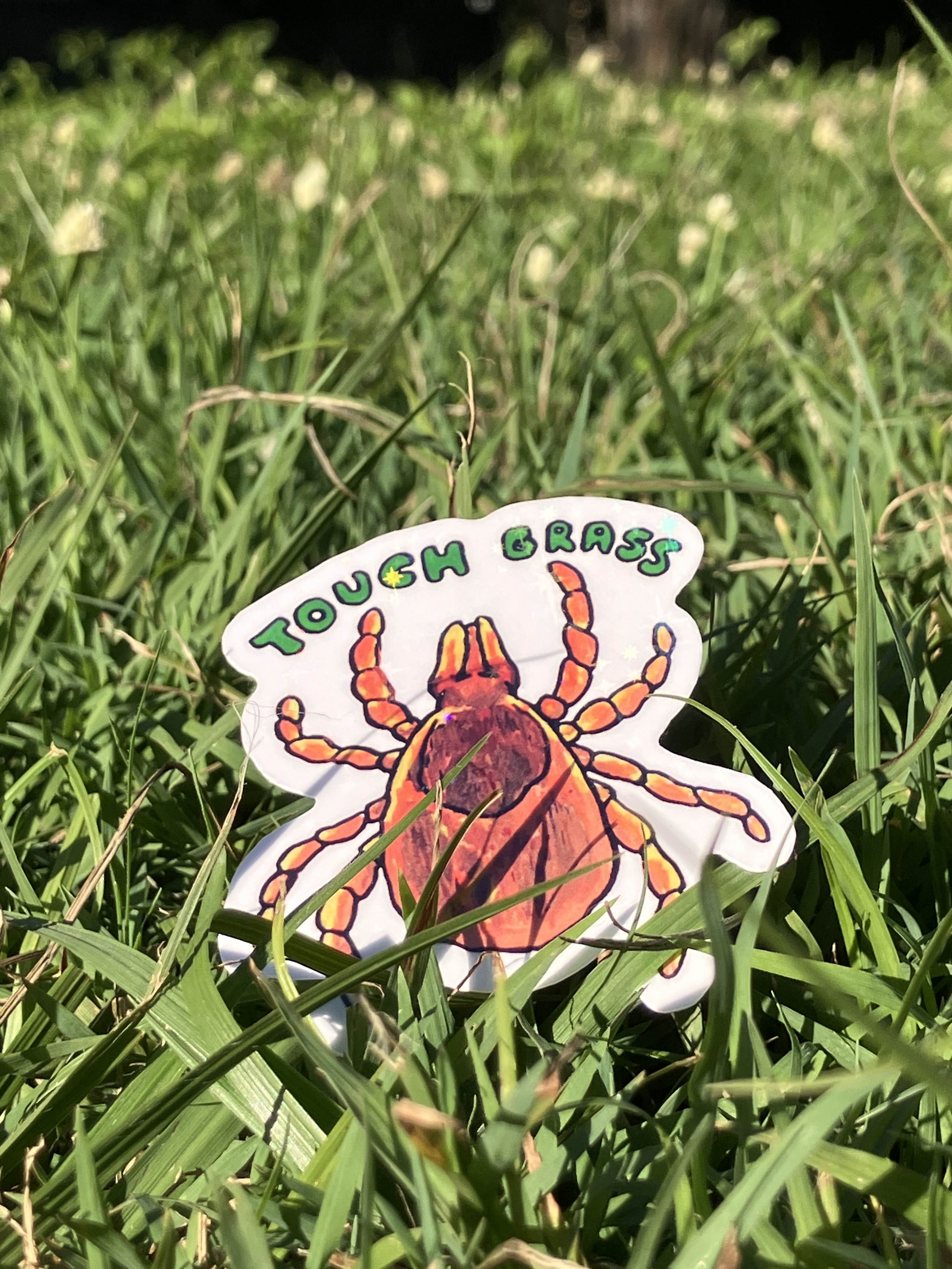 A sticker of a tick with the text 'touch grass' above it.
